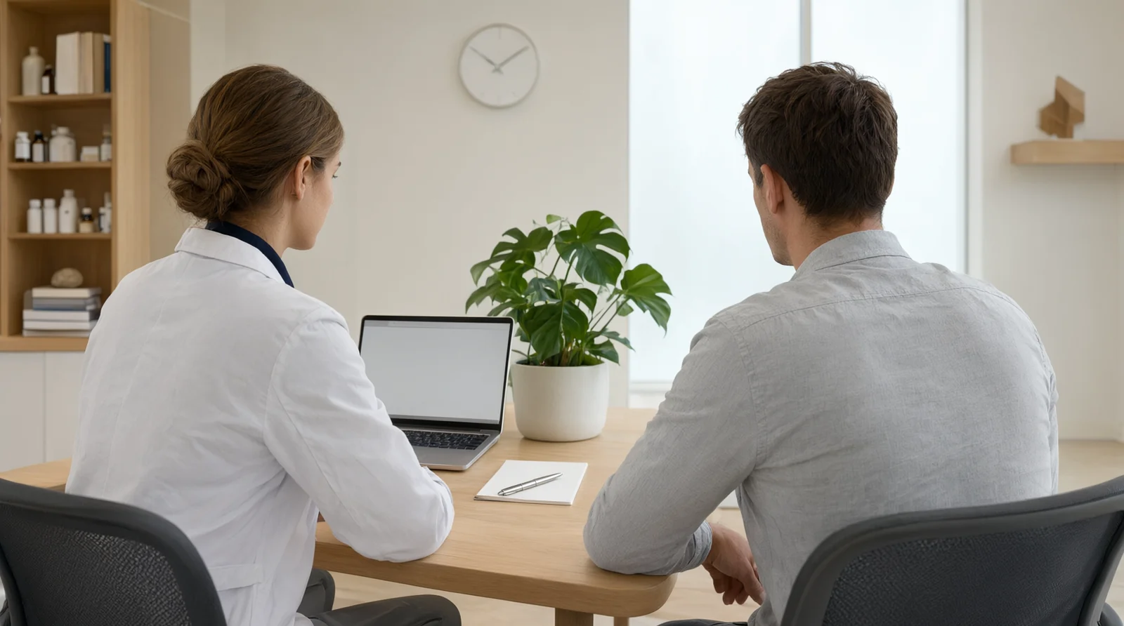 Pharmacist reviewing treatment options with a patient in a private consultation room